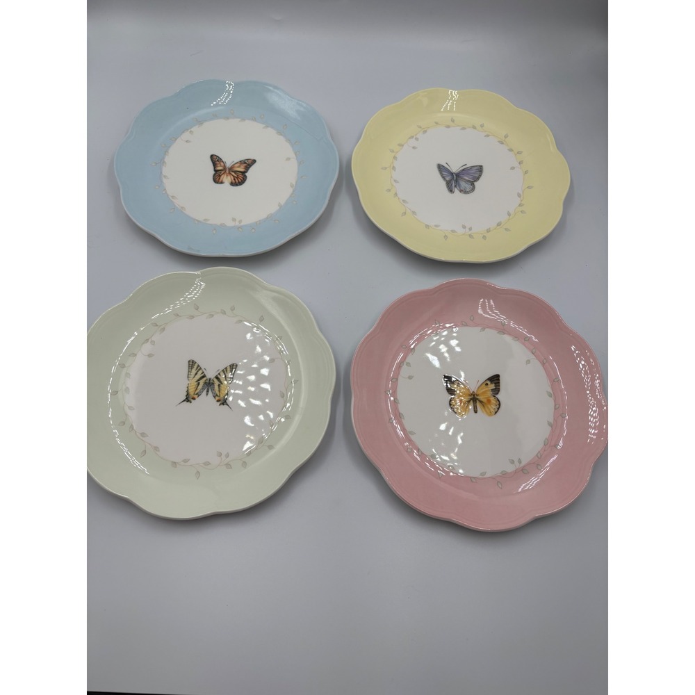 Lenox Butterfly Meadow Dessert Plates Set of 4 Pastel Scalloped 8 Inch Porcelain